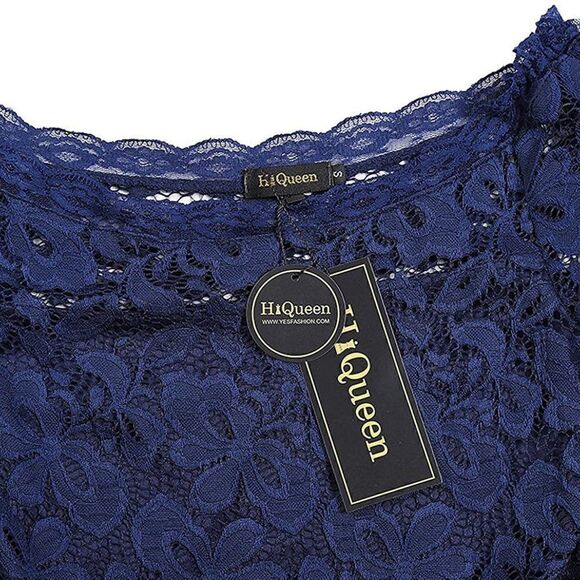 Off Shoulder Lace Retro Pinup Vintage 1950s Long Sleeves Swing Navy Dress L NWT - Picture 7 of 13